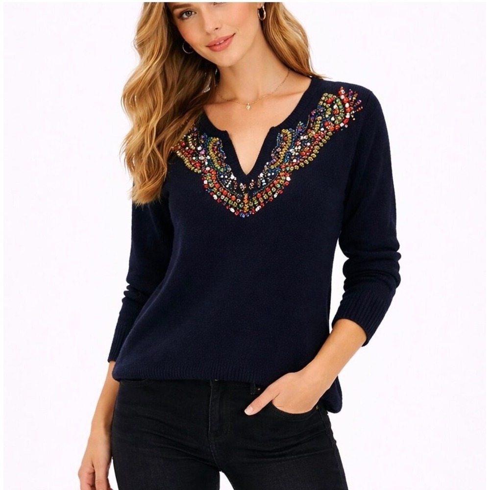 Anthropologie Moth Navy Blue Wool Cashmere Beaded Rhinestone V-Neck Sweater L